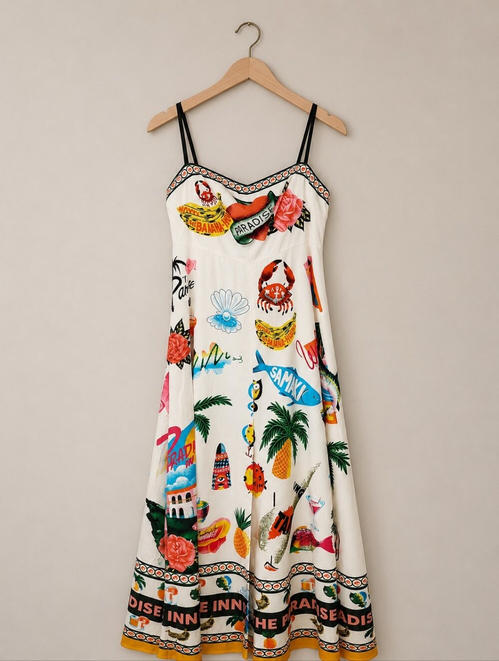 Tropical Print Maxi Dress in White with Multicolor Motifs